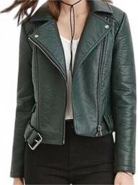 Womens Dark Green Faux Leather Belted Moto Jacket